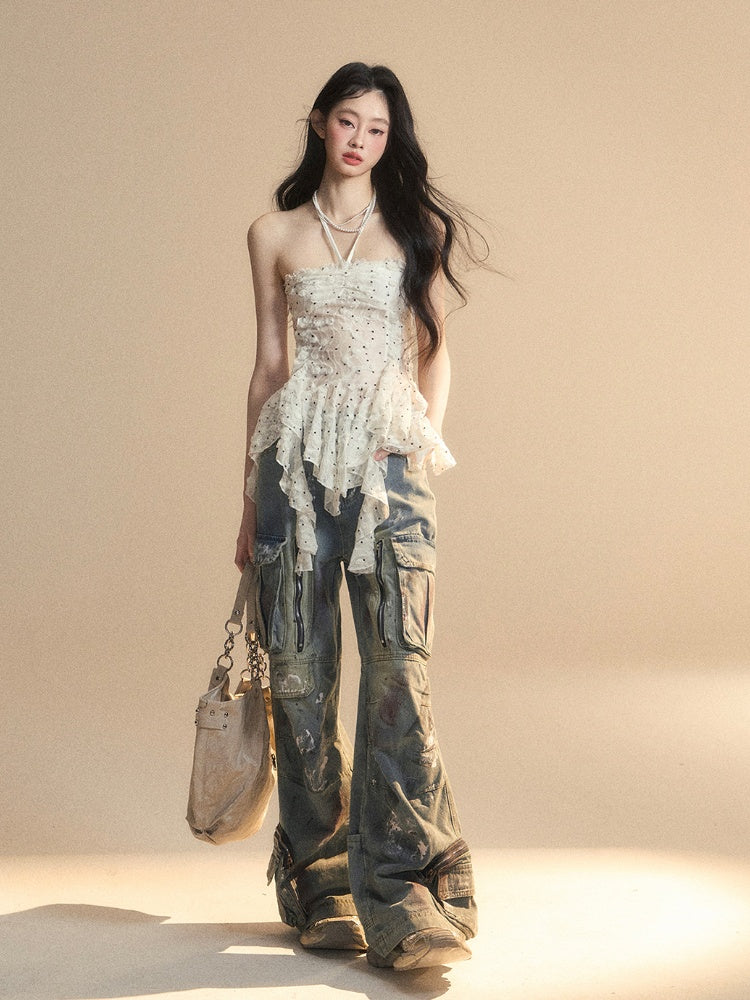 Flounce Hem White Glamorous Halter Neck Polka-dot Top Pattern Asymmetrical Strapless