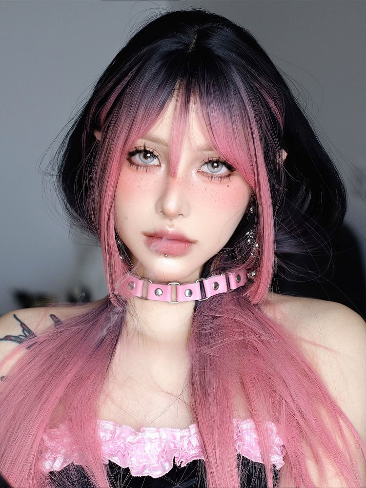 68CM And Black Wig Ombre Length Straight Bangs Air Pink With