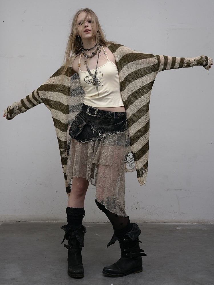 Pattern Striped Punk Cardigan Wasteland Green