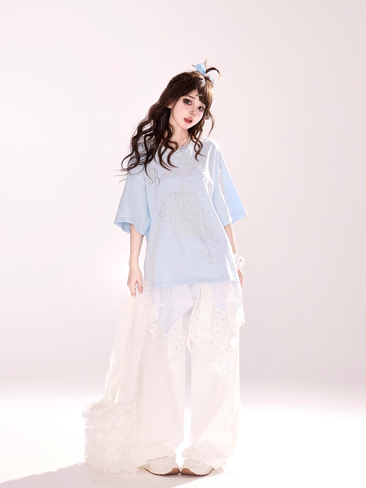 Loose Round Bowknot and Key Rhinestones Lace Trim Blue Neck T-shirt