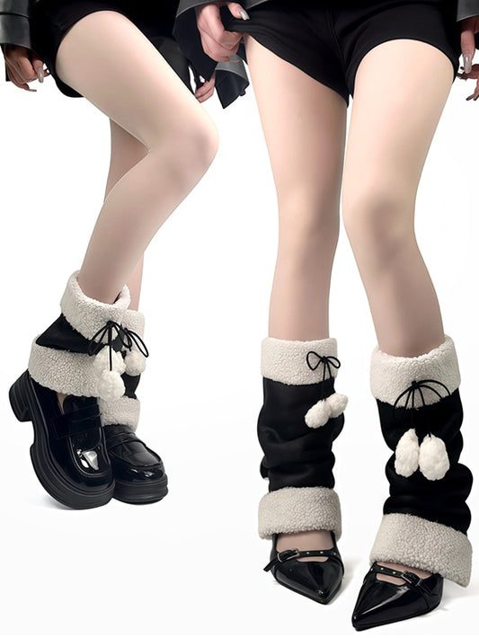 Black Y2K Bowknot Plush Cuffs Leg Warmers With Pompons