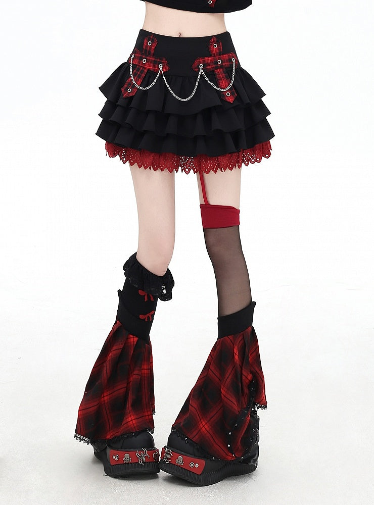 Pink/Red Plaid Cross Appliques Lace Trim Tiered Skirt Chains Decorated
