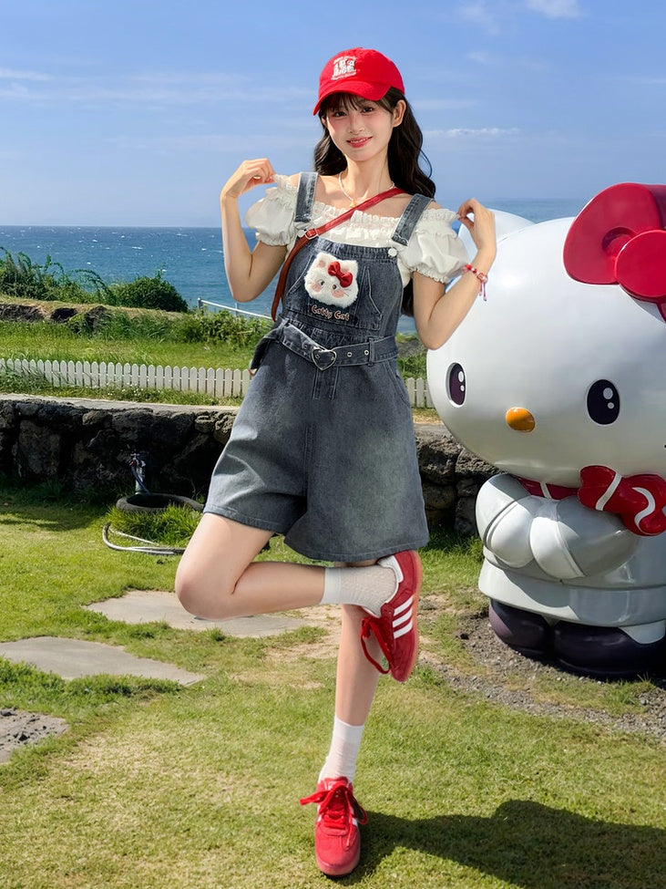 Heart Shorts Plush Kitty Denim Dark Blue Faded Buckle Wash Belt Overall with