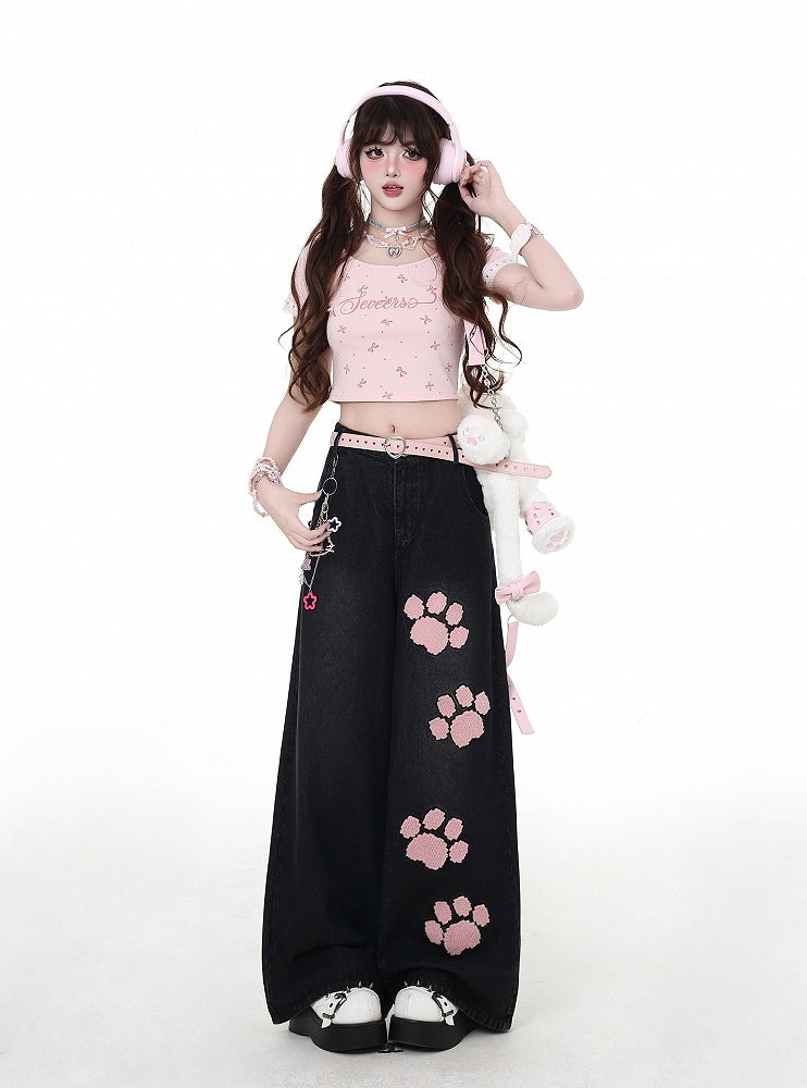 Waist Straight-Leg Jeans Pink Paw Embroidery Black Low