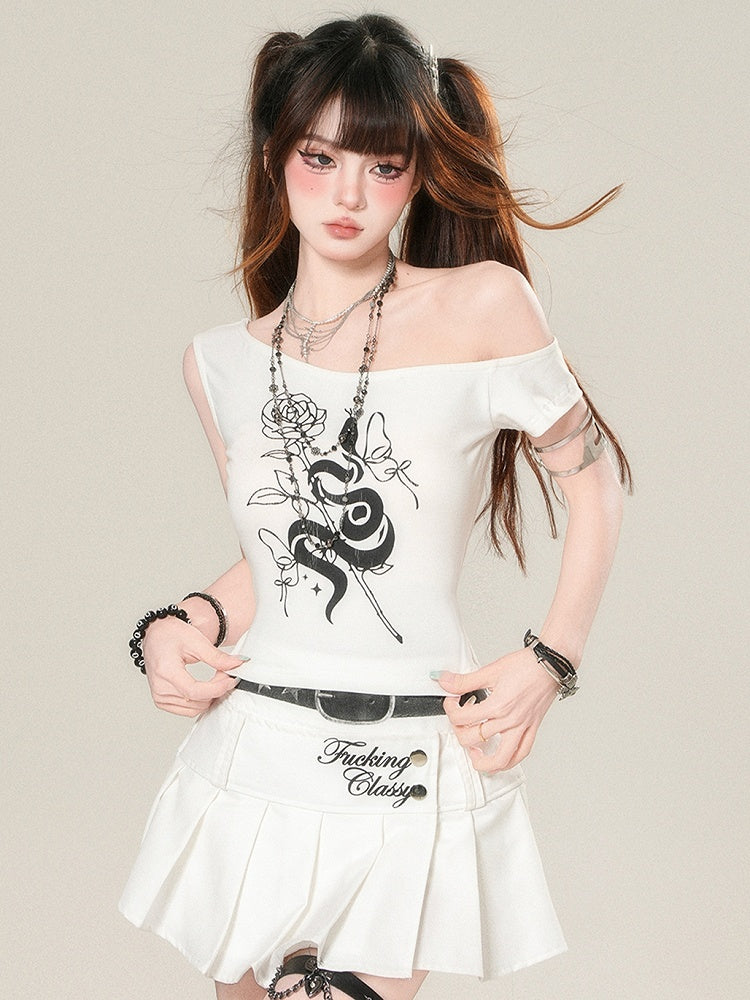 White/Black T-shirt Glamorous Asymmetrical Print Rosette Bittersweet Neckline