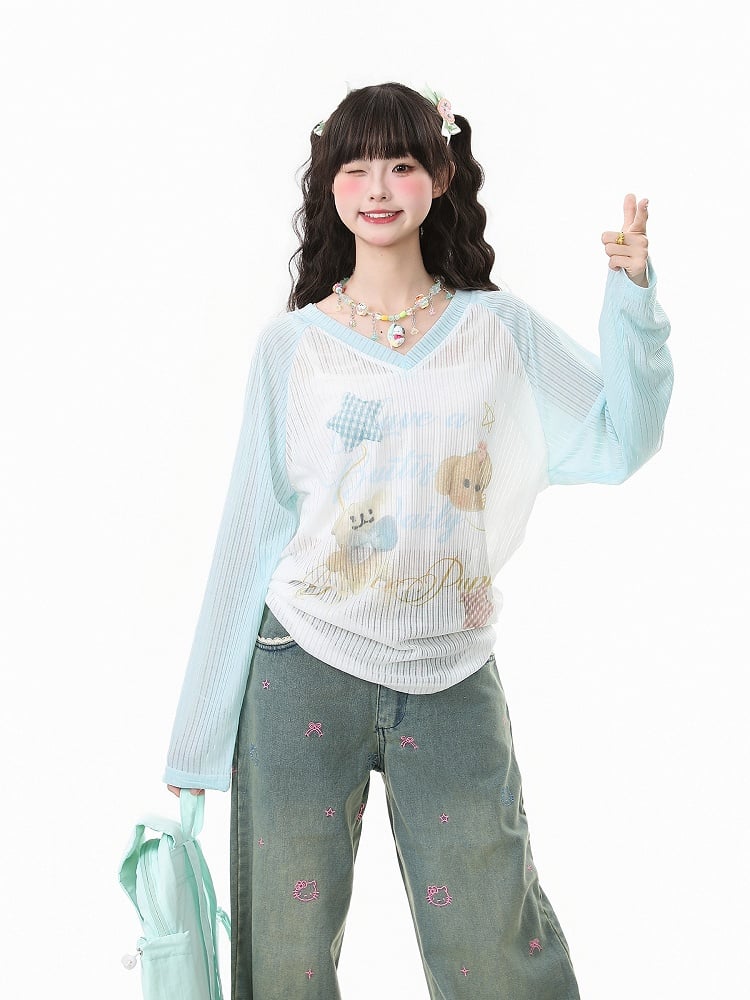 Apricot/Pink/Green Kawaii V-Neck Knit Top with Puppy Print - Long Sleeve Pullover