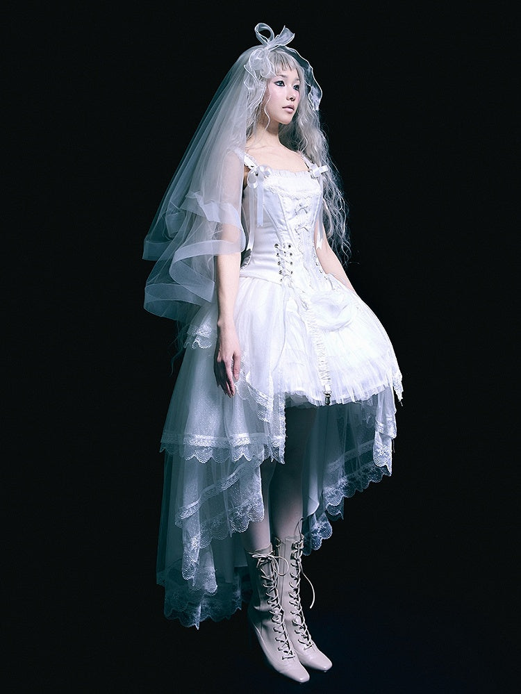 White Lace-up Details Boned Corset Top + High-low Layered Lolita Skirt