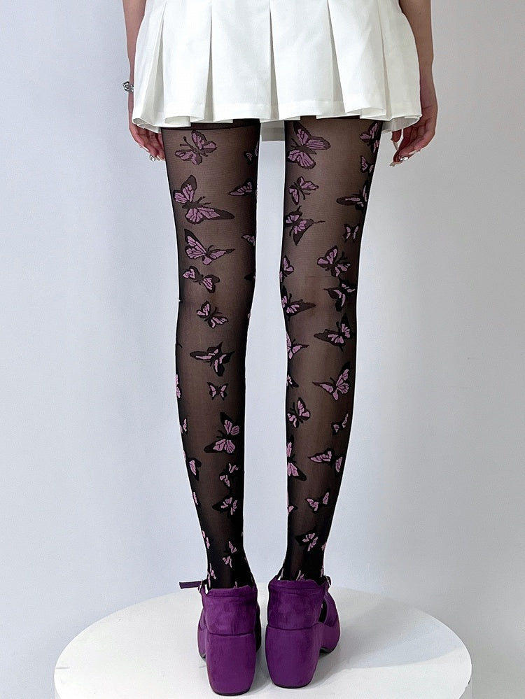 Y2K Butterfly Embroidered Tights Black