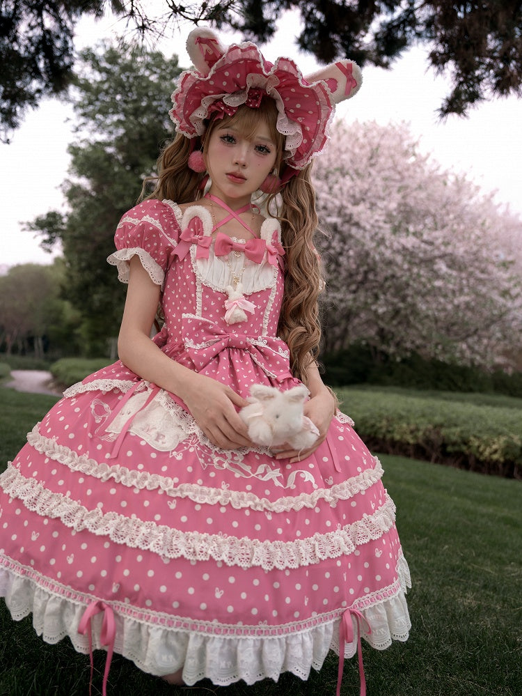 Ears Square Pattern Dress Bunny Polka Dots Lolita Neckline Pink Plush Sweet Dark