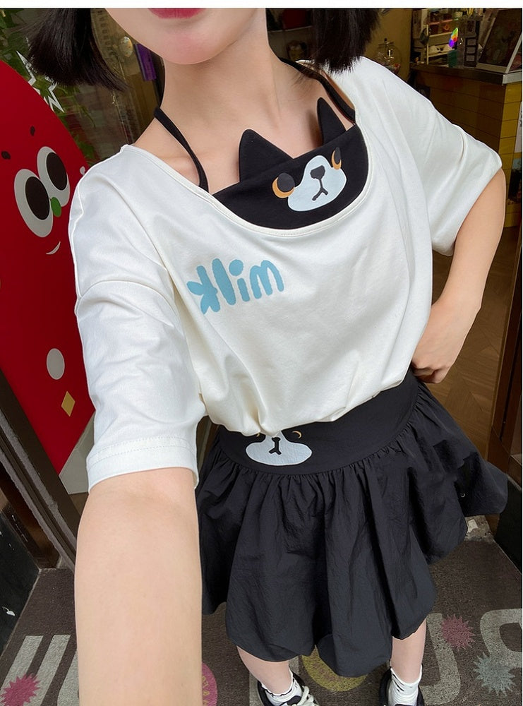 Black Elastic Waist Kitty Bubble Skirt Print