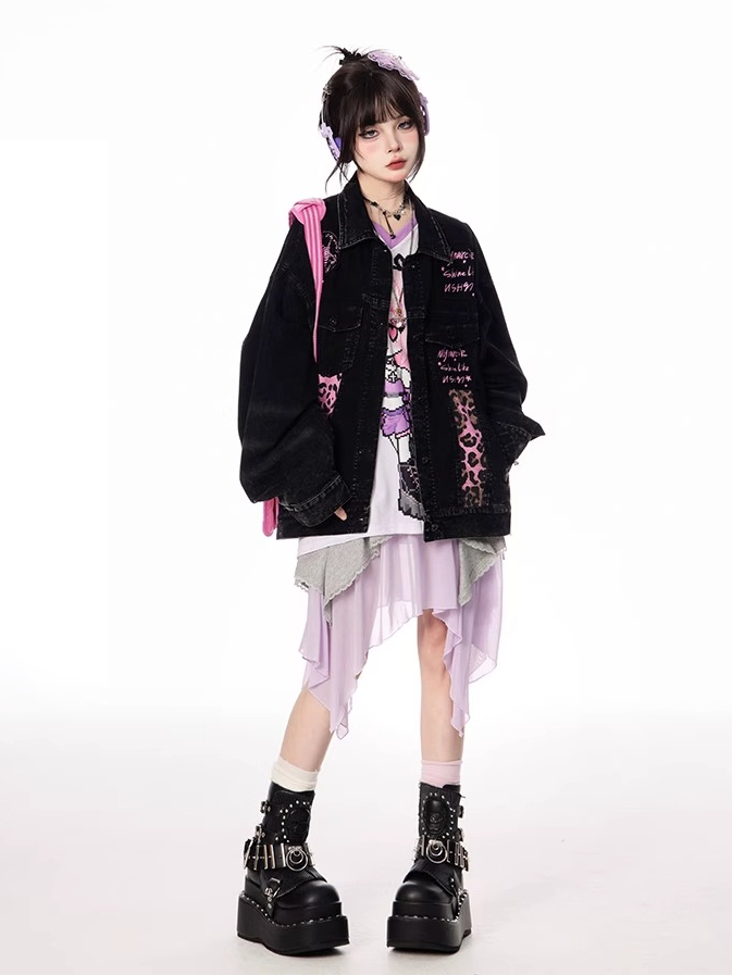 Denim Jacket Faded Wash Vintage Collar Pink Leopard Pattern Black Shirt