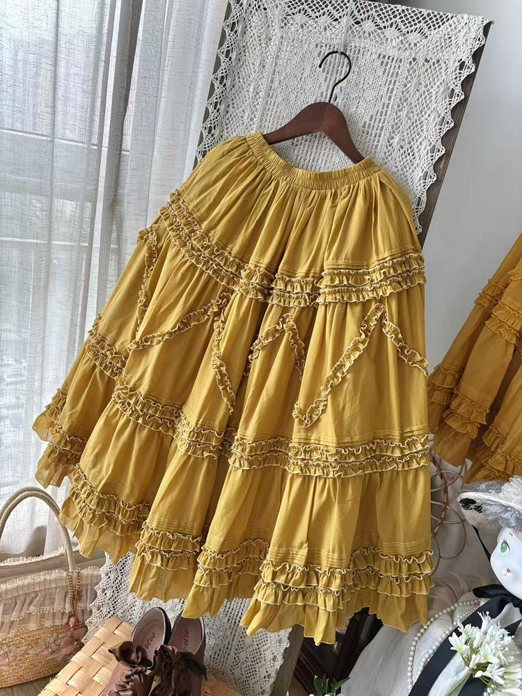 Waist Elastic Under Ruffled Skirt Yellow 82cm