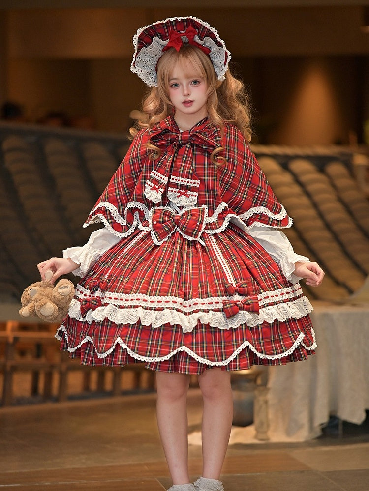 and Plaid Bunny Ears Red Cape Hooded with Petal-like Trim