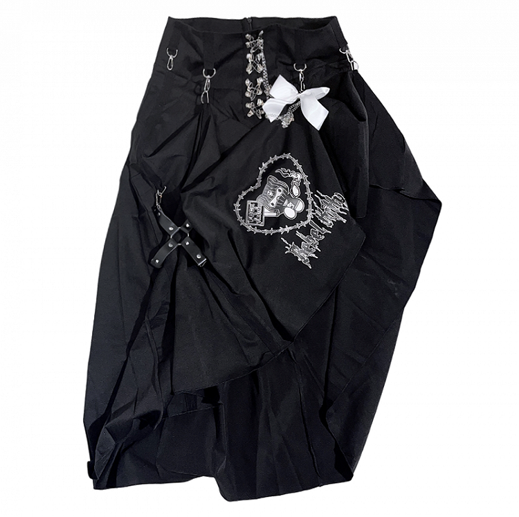 Punk Black Pin Chain Asymmetrical Hem Kitty Detachable Bow Skirt