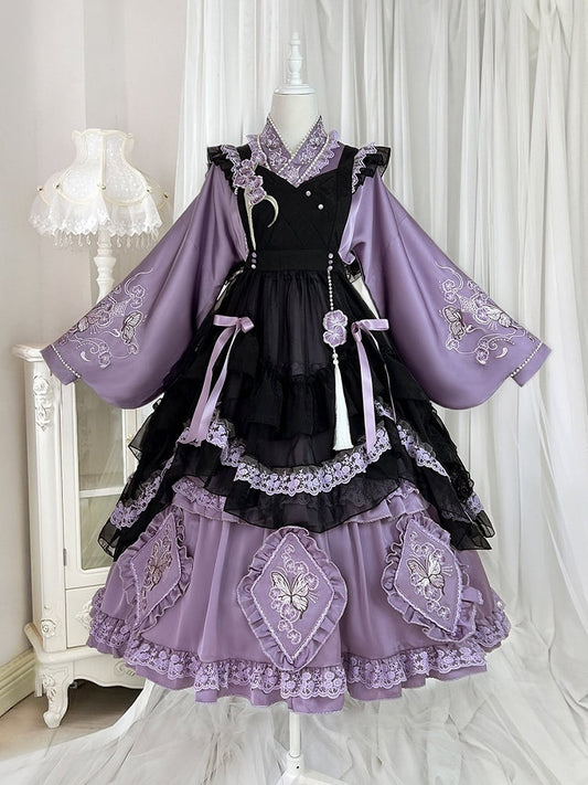 Delicate Butterfly Apron Lolita Dress Black Set Purple Han and Embroidery Full Floral +