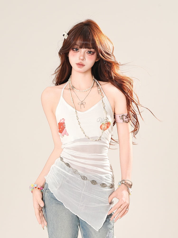 Halter Neck Mesh Hem Strawberry Print White Asymmetrical Top Sweet