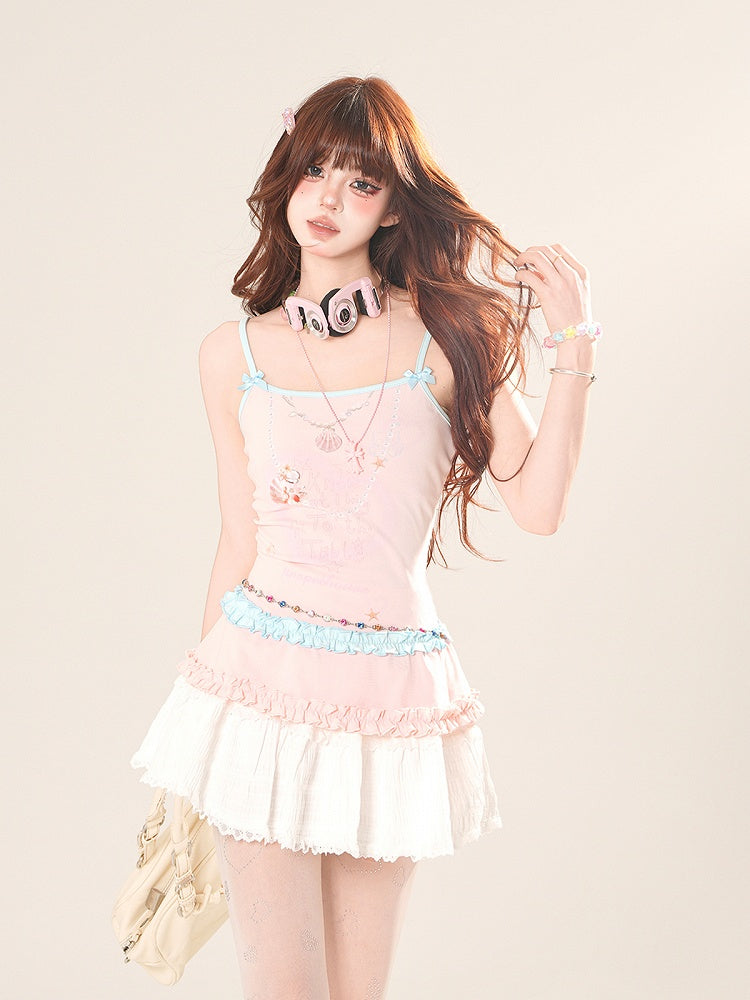 White Lace Trim Mini Tiered Skirt