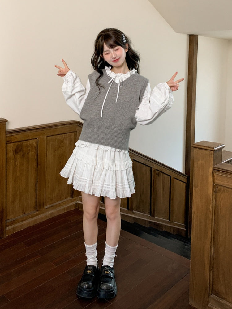 White Elastic Waist Ruffle Hem Tiered Skirt
