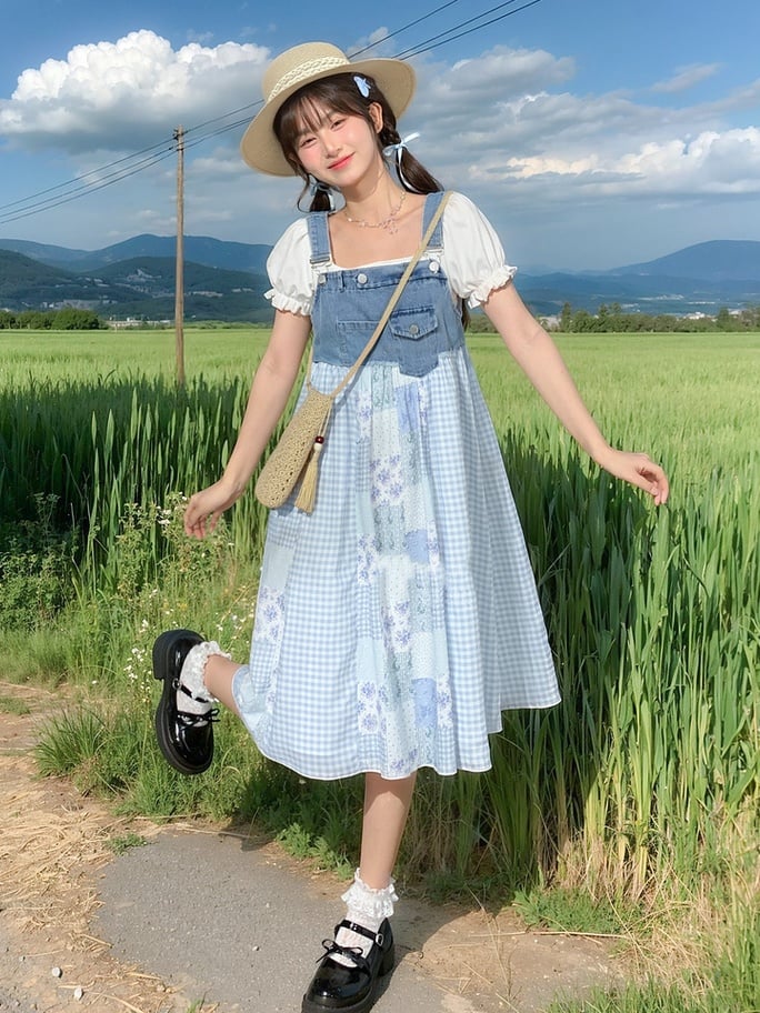 Mori Denim Overall Dress Blue Plaid and Floral Patchwork Design Kei