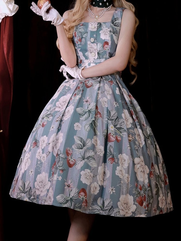 ダスティブルーのストロベリーとローズのスクエアネックラインのエレガントクラシックロリータJSKドレス
