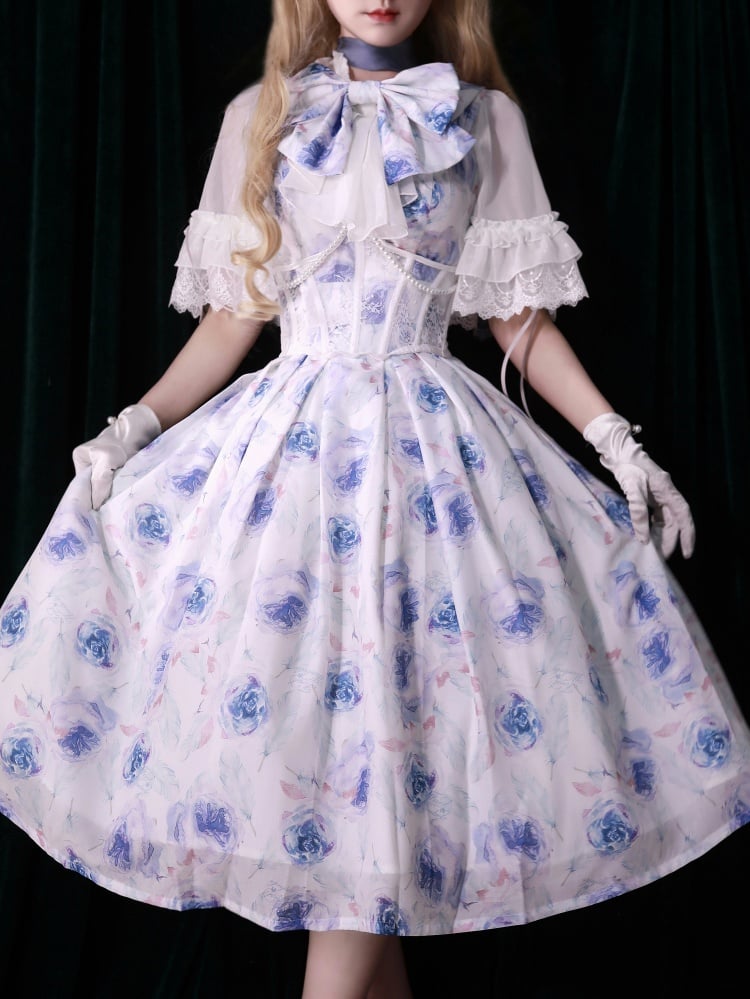 ブルーフローラルプリントジャンパースカート春夏ドレス