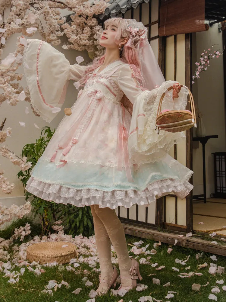 Peach and Peach Blossom Print Pink Empire Waist Han Lolita Dress