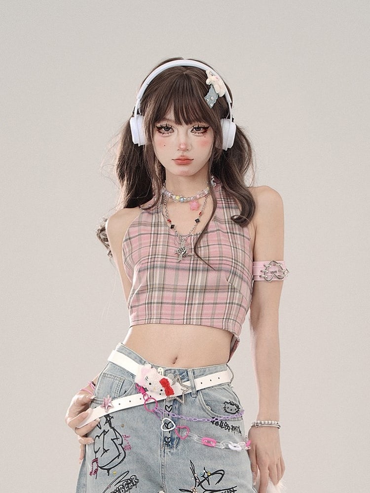 Halter Pink Plaid Delicate Top Crop Tank