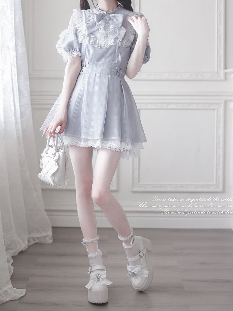 Schulter-Cut-Kleid Dusty Blue Jirai Kei Plaid mit