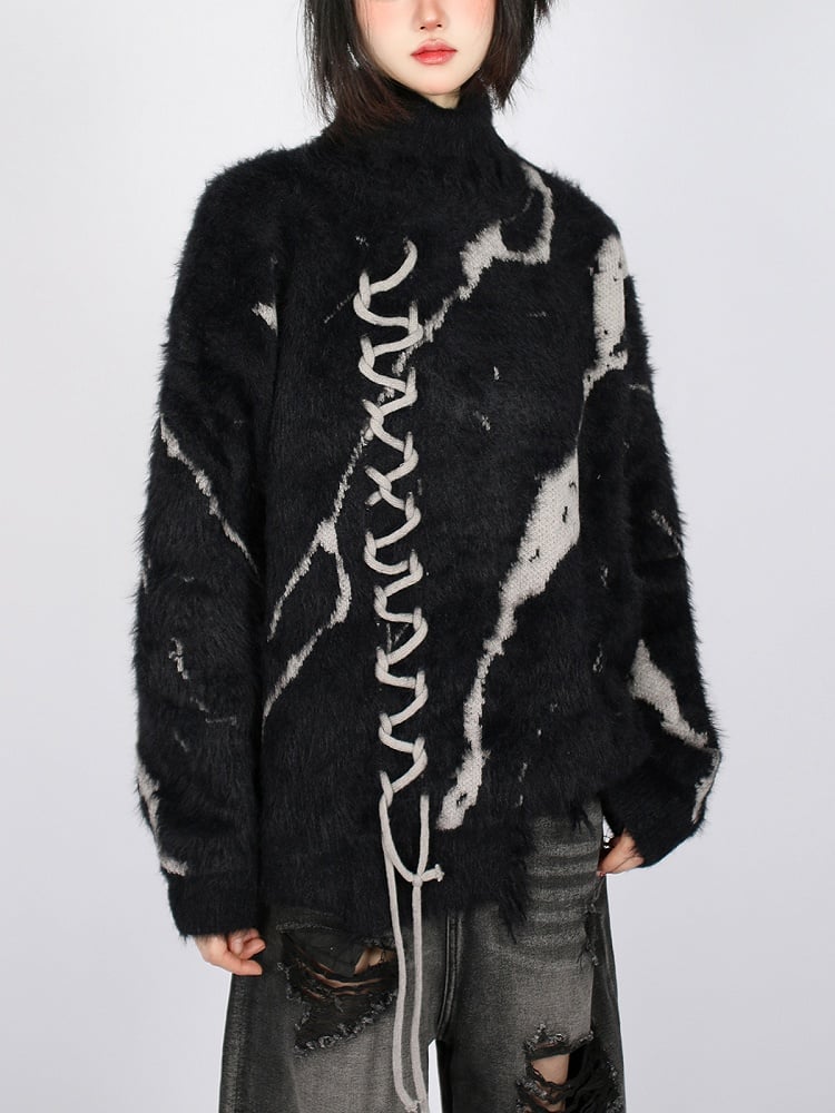 Vintage Dark Aesthetic Turtle Neck Sweater with Lace-Up Design