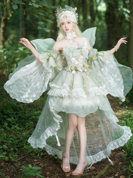 Set dekoriert Prinzessin Fee Kleid Blumen Lolita Schmetterling JSK Licht voll grün Wald