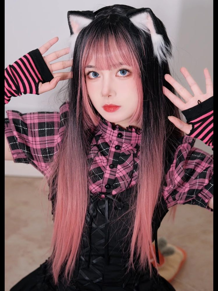 68CM And Black Wig Ombre Length Straight Bangs Air Pink With