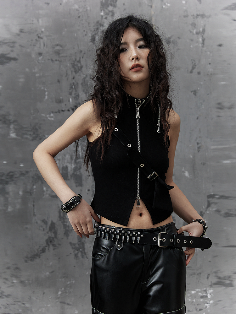With Accents Black Metal Crop Bag PU Top Punk Waist