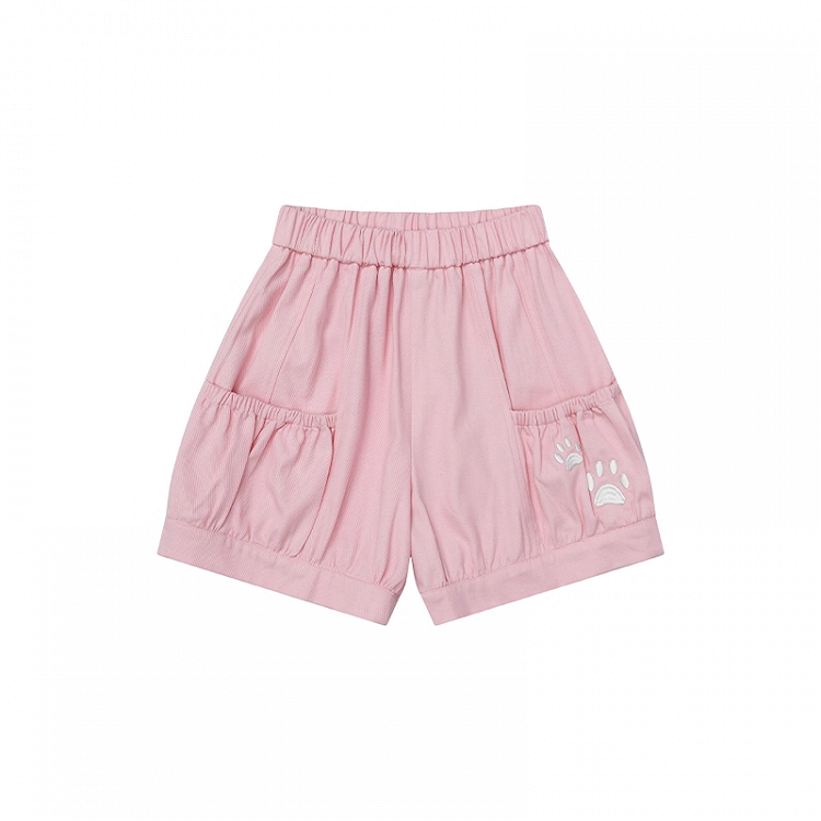 Elastic Waist Shorts Paw Embroidery Pink/Blue/Black Kitty