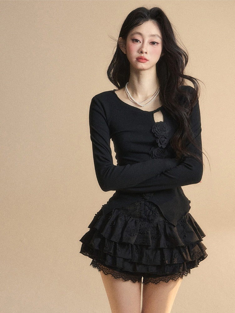 Round Glamorous Detail Black Knitted Neck Floral Embellished Cutout Top