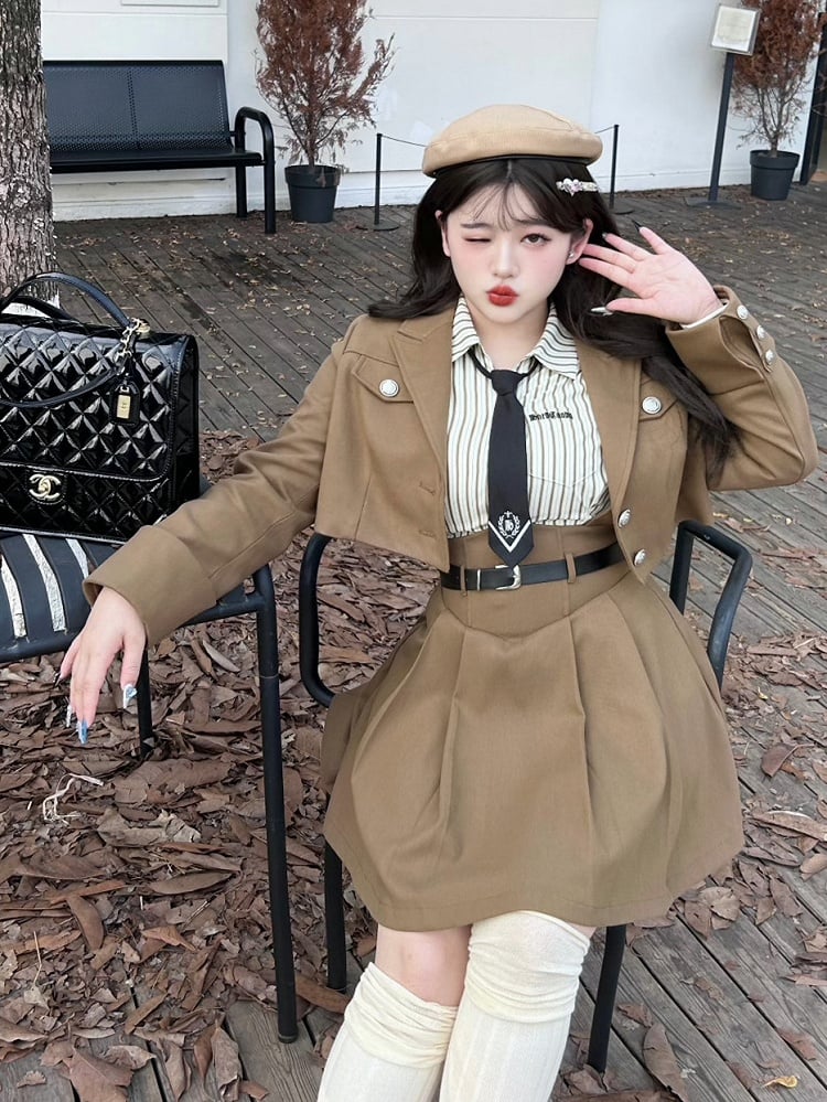 Coffee - Size Suspender Waist Preppy High Plus Skirt Overalls