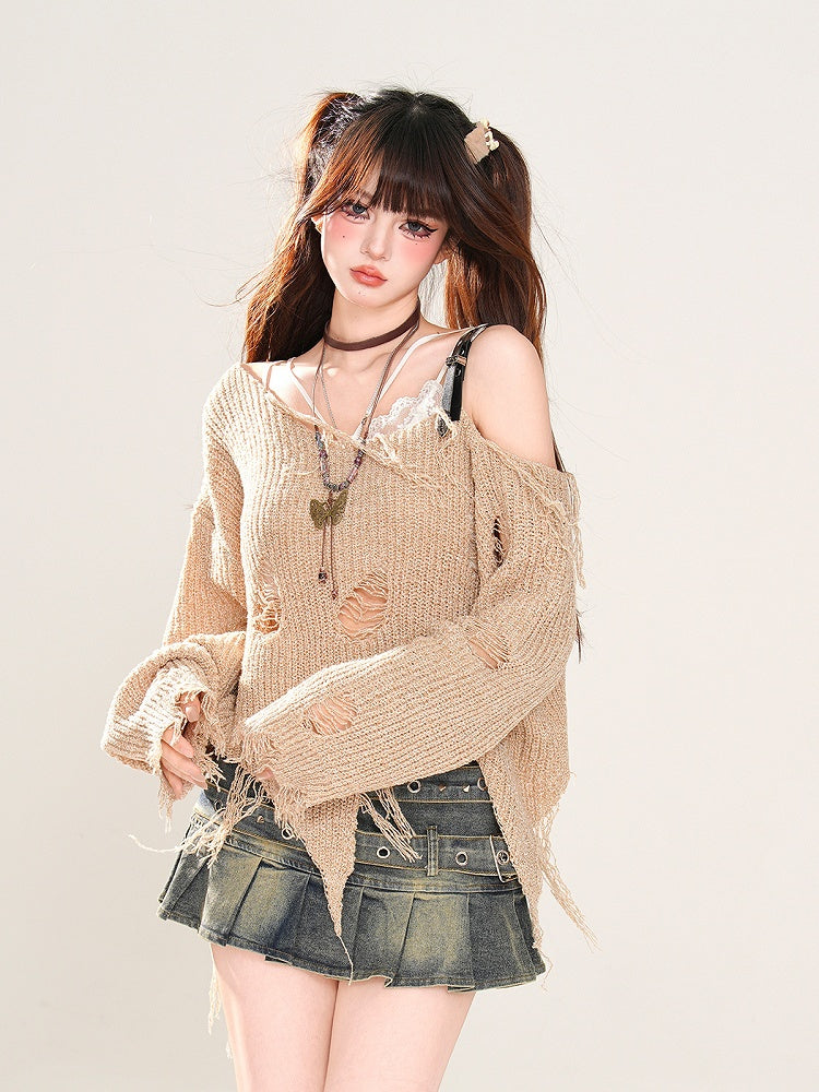 Gestrickter Punk Khaki Asymmetrischer Ausschnitt und Löcher am oberen Saum Wasteland Distressed