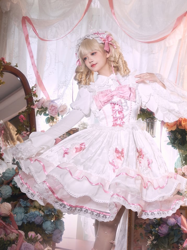 白とピンクの蝶結びディテールのティアードスカート、スイートロリータドレス、ジャンパースカート