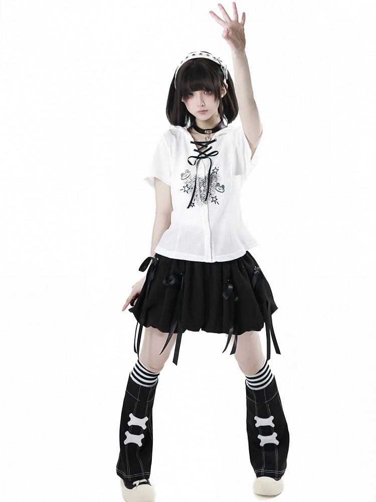 White Frog Lace-up Neckline Front Button Placket T-shirt Cute Print Hooded Waffle