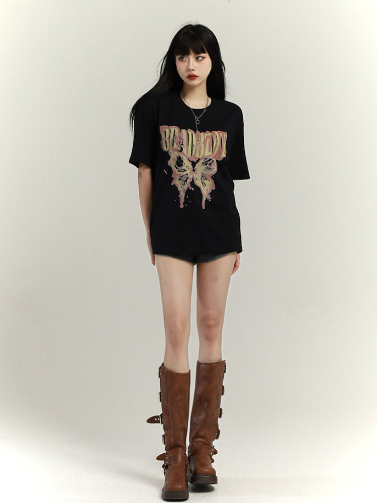 Dunkelgrau/Braun/Schwarz/Weiß Vintage Loose T-Shirt mit Schmetterlingsdruck