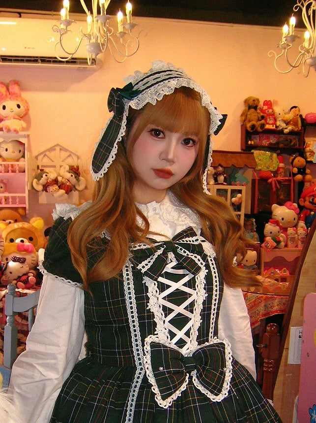 Lolita Bow with Hairband Accents Bunny Ears Lace Plaid and Red/Green