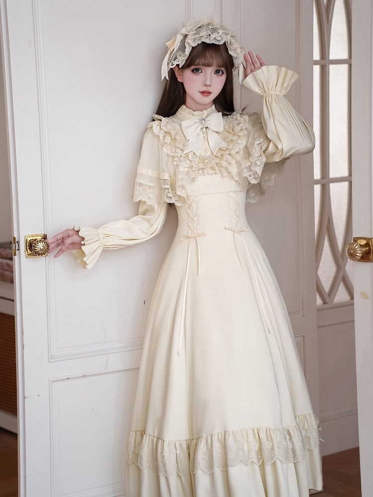 Beige Shawl Waist Ruffle Lace-up with Lolita Dress Detachable Neckline Elegant