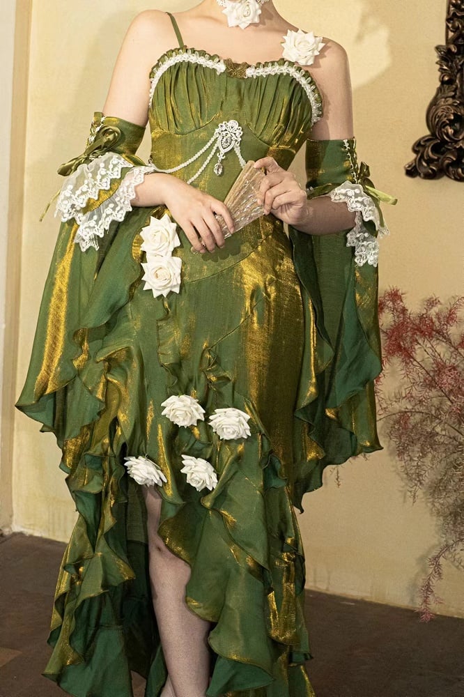 Gown Sleeves Evening Dress Detachable Flounce with Green Mermaid Rosette