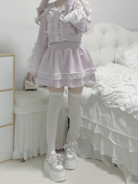 Light Lace Ruffled Hoodie+Lined Closure Jirai Kei Trim Skirt Zip Collar Purple Sports Set- Sailor