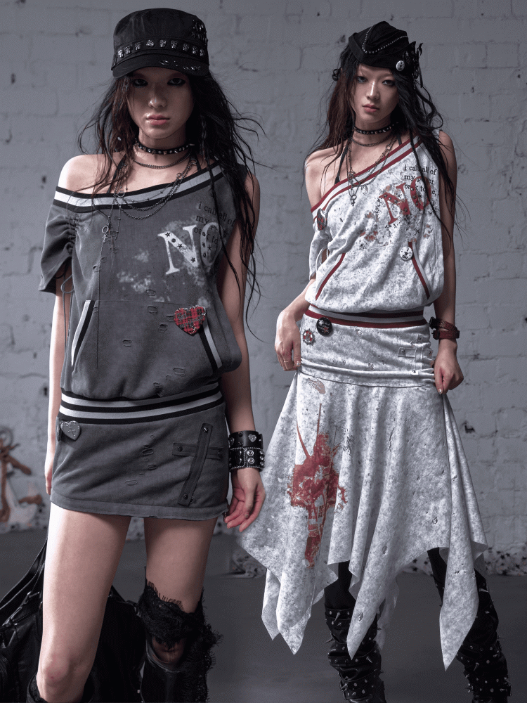 Asymmetrical Neckline Gray/White Wasteland Punk Distressed Dress
