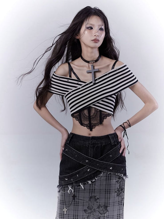 and Off-the-shoulder White Neckline Studded Strapless Top Black Striped