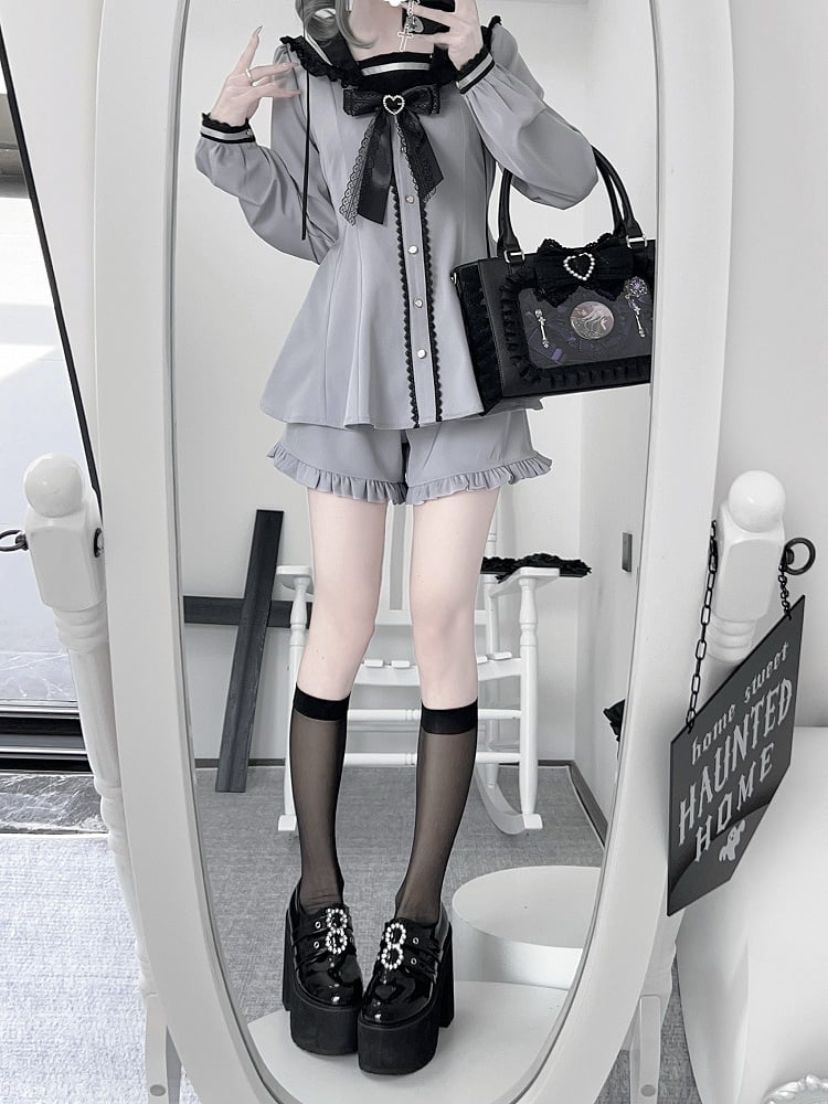 Back Purple Design Ears Tie Jirai Mini Dress + Ruffle Hem Shorts Set- + Bow Dusty Kei Sailor Collar Bunny