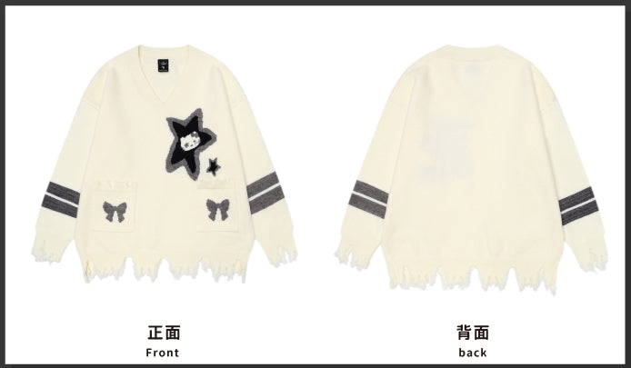 Apricot Kitty and Star Distress Trim V-neck Sweater