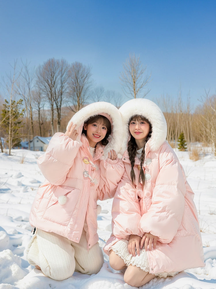 Pink Cute Bear and Kitty Plush Trim Hooded Down Coat