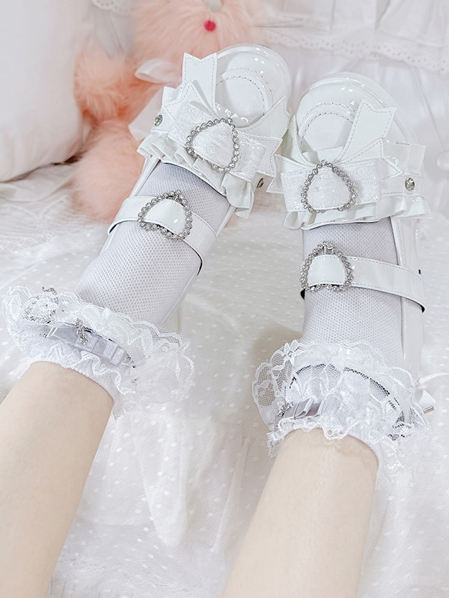 Decorated Platform Lace-up Heels Jirai Heart Polished White Details High Rhinestone Block Kei