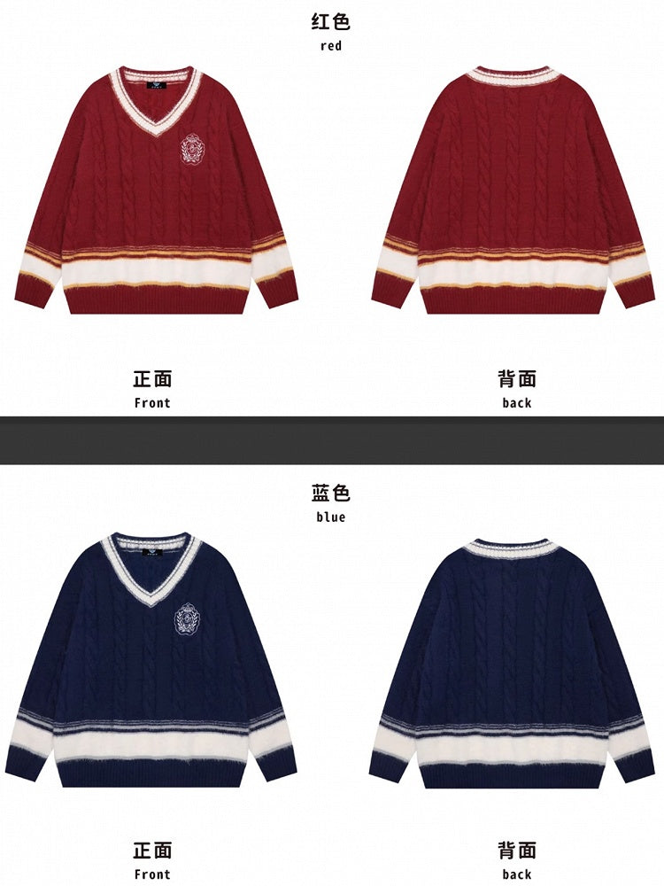 Red/Blue/White V-neck Preppy Style Loose Sweater